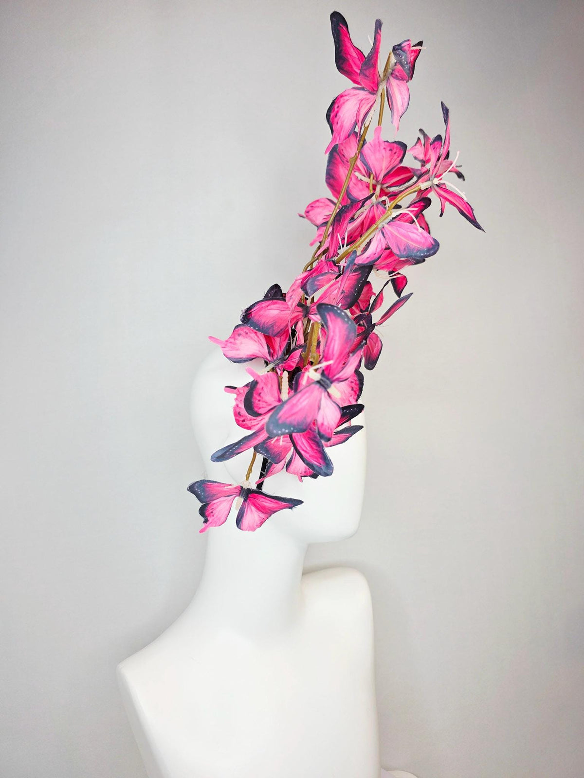 kentucky derby hat fascinator large branching hot raspberry pink red black and white fabric butterflies on headband