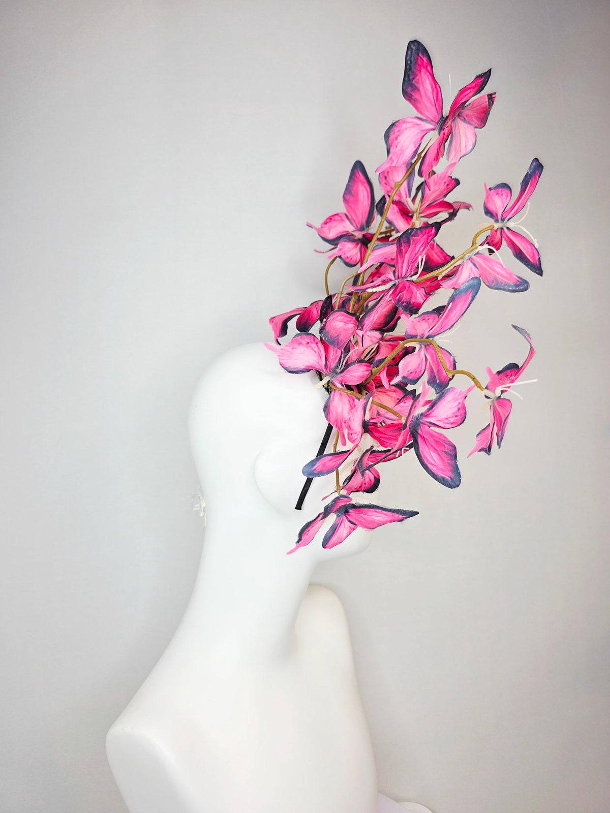kentucky derby hat fascinator large branching hot raspberry pink red black and white fabric butterflies on headband
