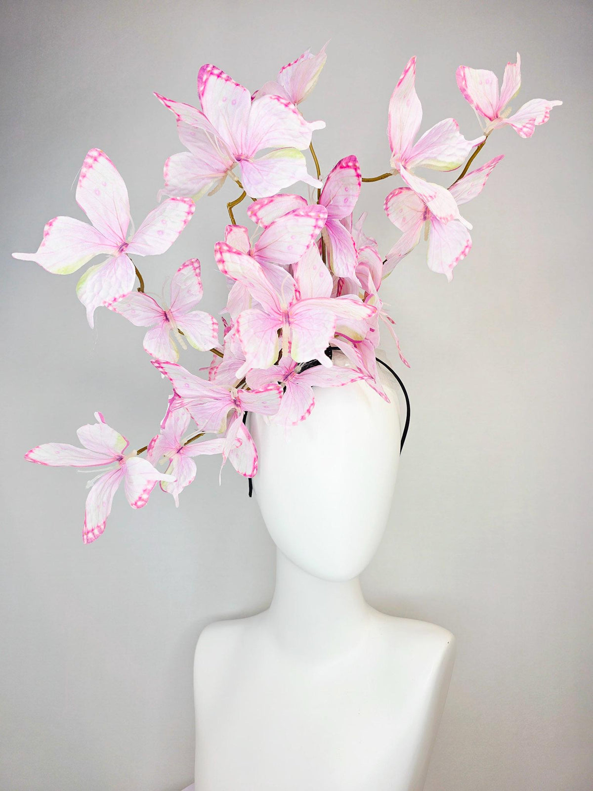 kentucky derby hat fascinator large branching light baby blush pale pink and yellow fabric butterflies on headband