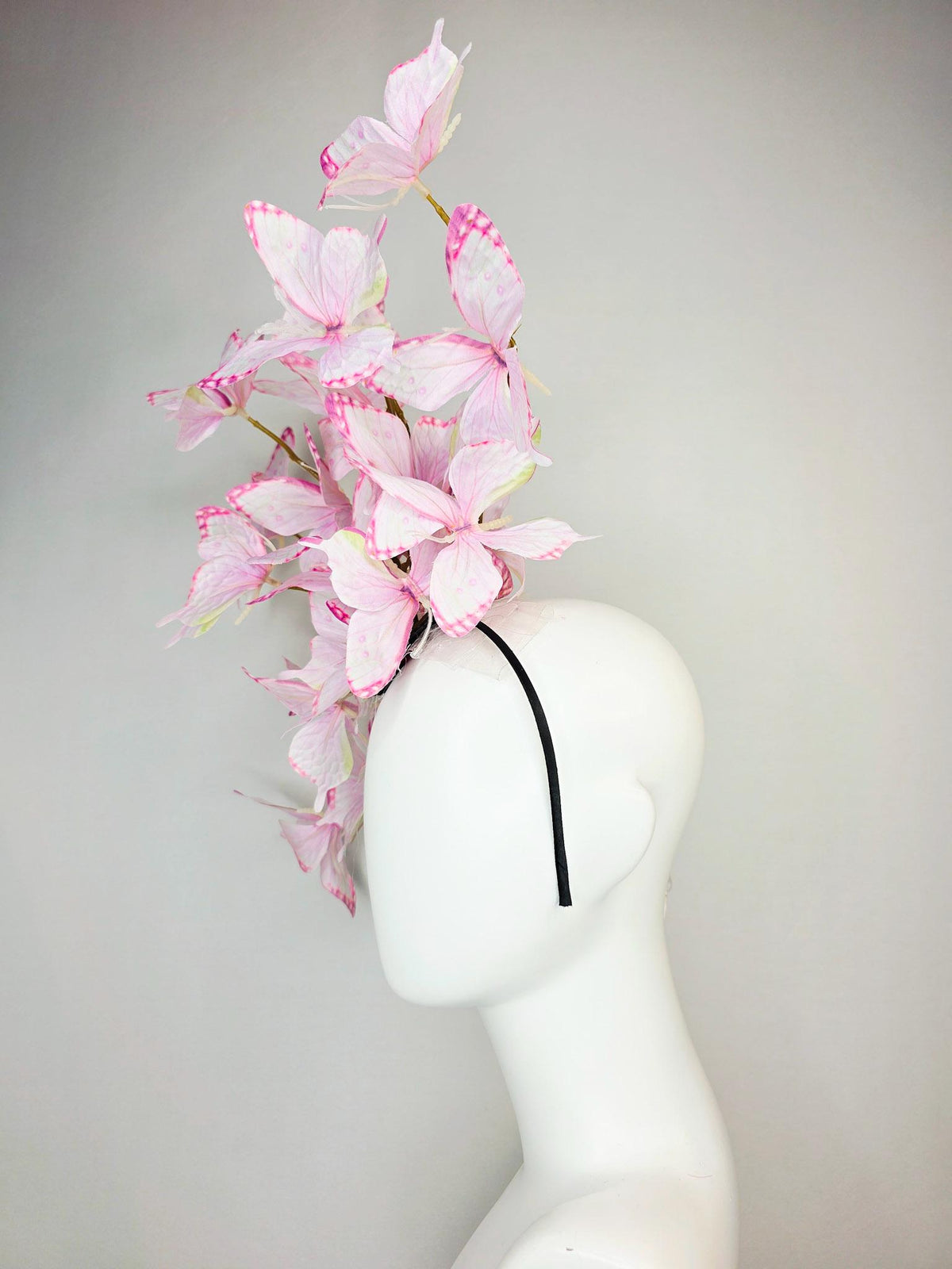 kentucky derby hat fascinator large branching light baby blush pale pink and yellow fabric butterflies on headband