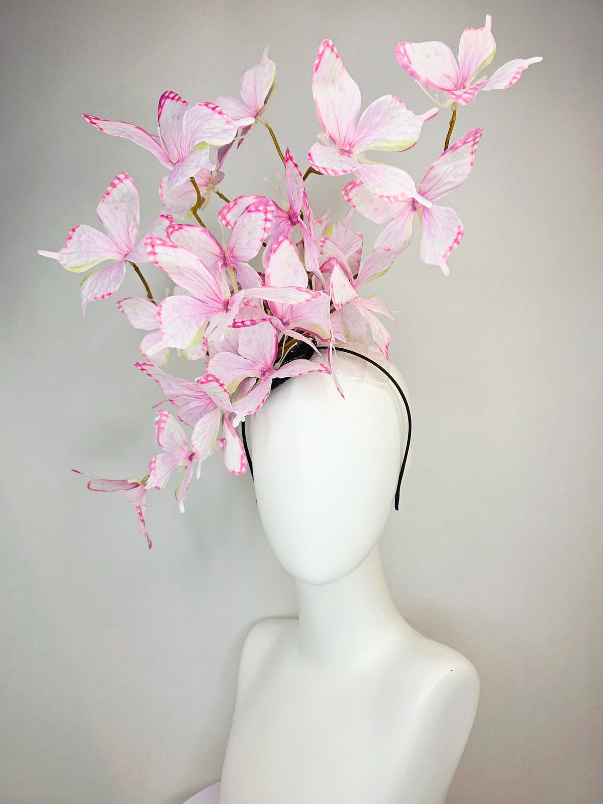 kentucky derby hat fascinator large branching light baby blush pale pink and yellow fabric butterflies on headband