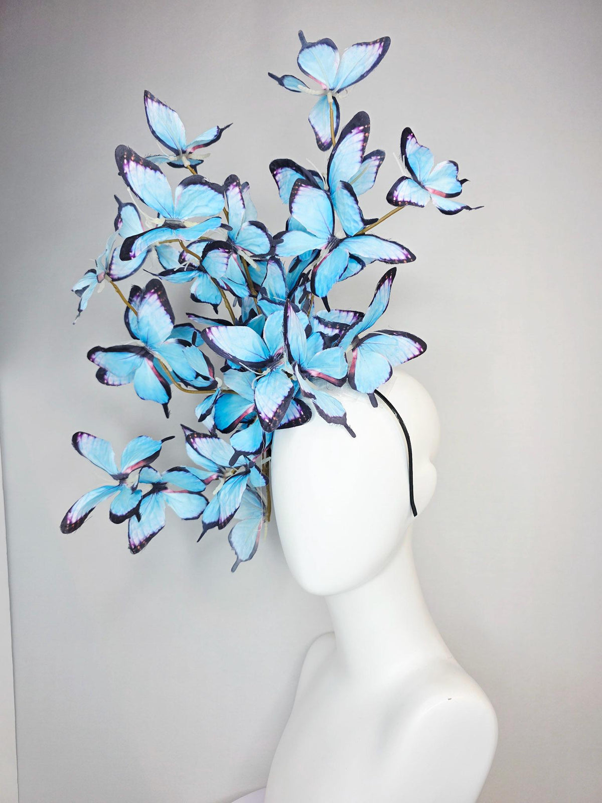 kentucky derby hat fascinator large branching light sky blue purple black fabric butterflies on headband