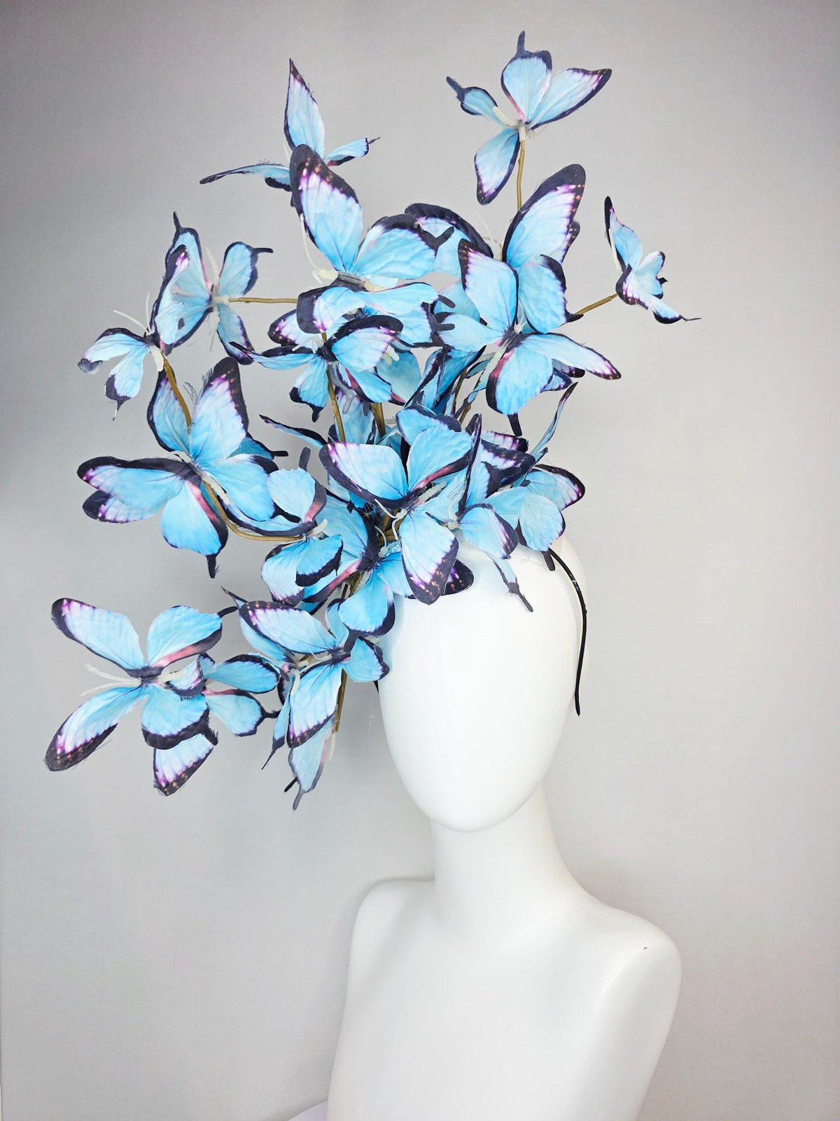kentucky derby hat fascinator large branching light sky blue purple black fabric butterflies on headband