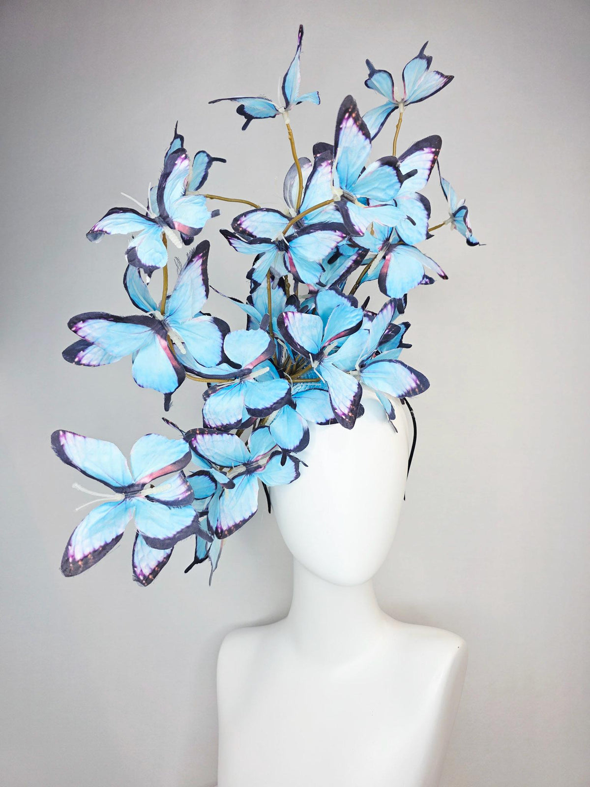 kentucky derby hat fascinator large branching light sky blue purple black fabric butterflies on headband