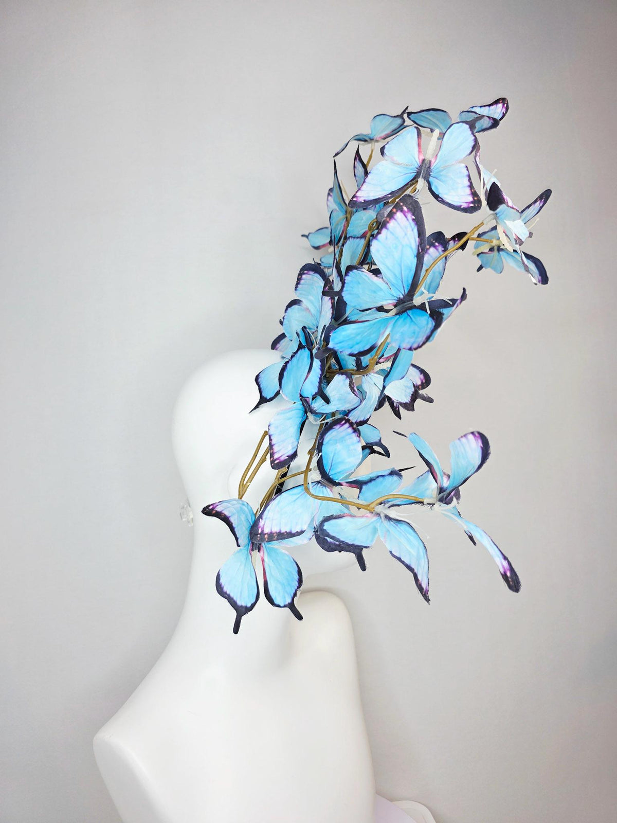 kentucky derby hat fascinator large branching light sky blue purple black fabric butterflies on headband