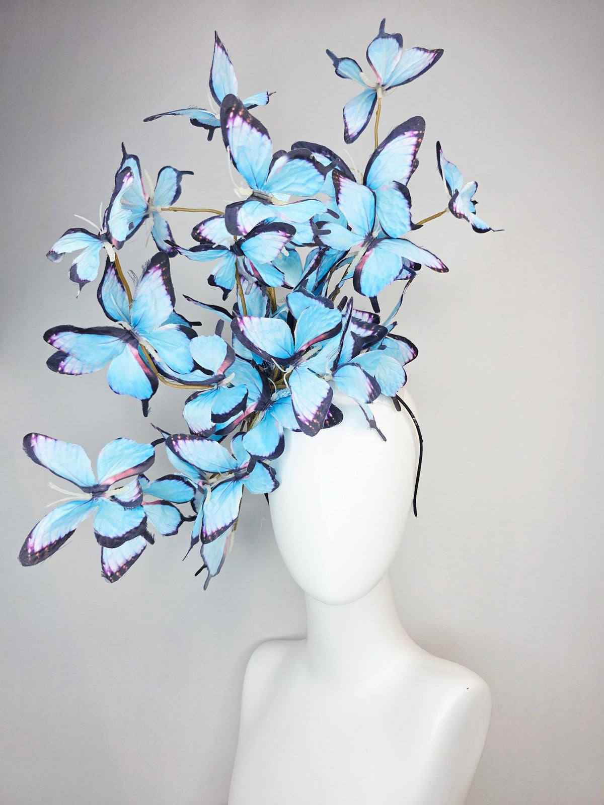 kentucky derby hat fascinator large branching light sky blue purple black fabric butterflies on headband