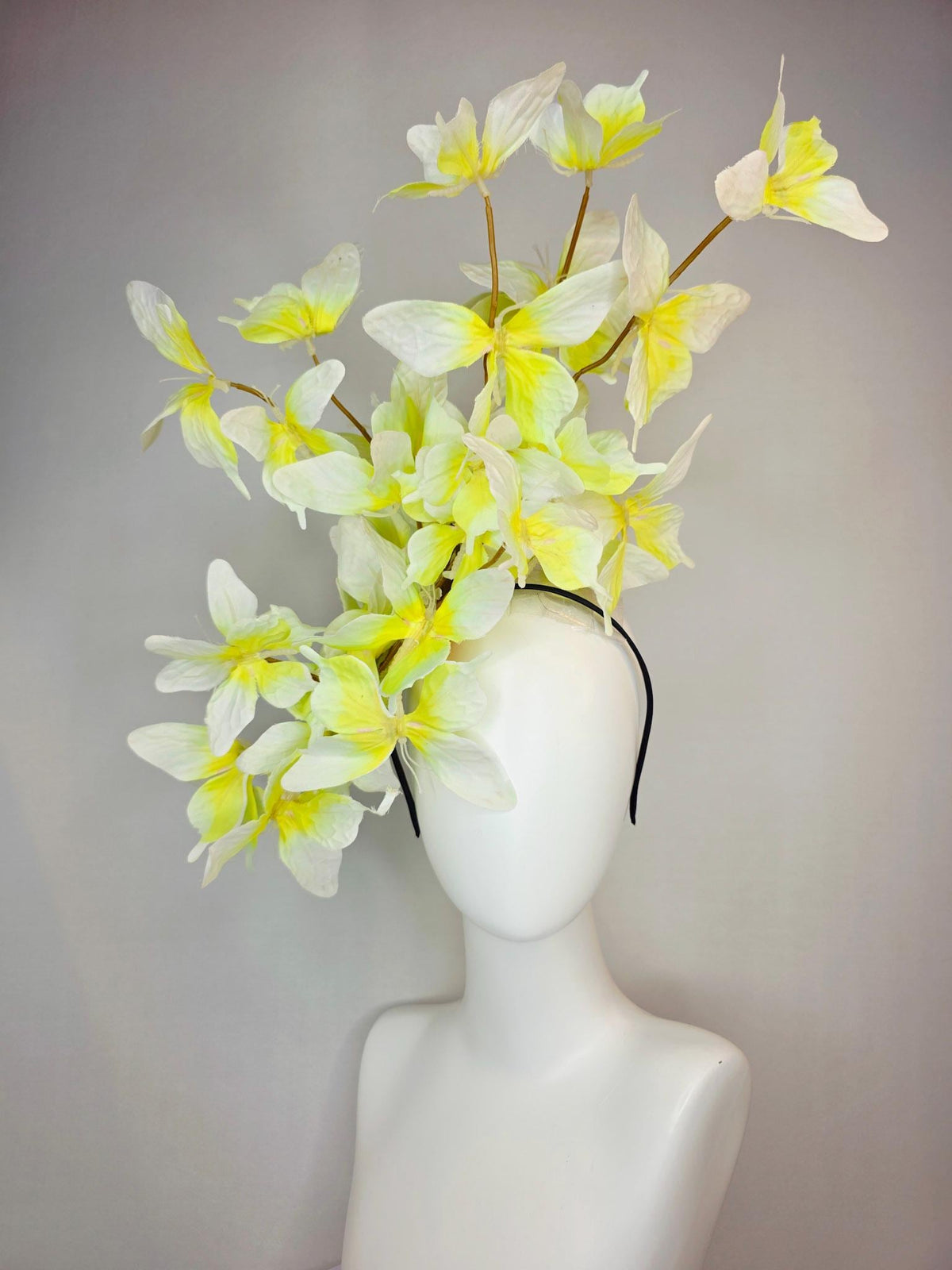 kentucky derby hat fascinator large branching ivory white yellow fabric butterflies on headband