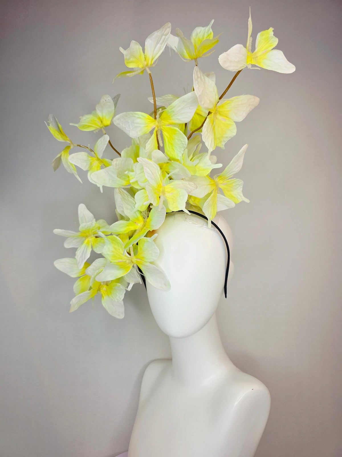 kentucky derby hat fascinator large branching ivory white yellow fabric butterflies on headband
