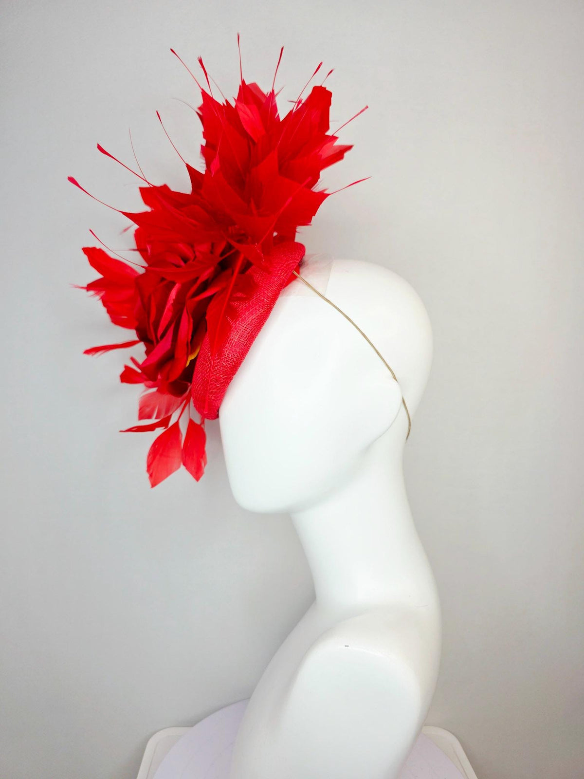 kentucky derby hat fascinator scarlet red sinamay base with large bright red satin rose and cherry red branching feathers