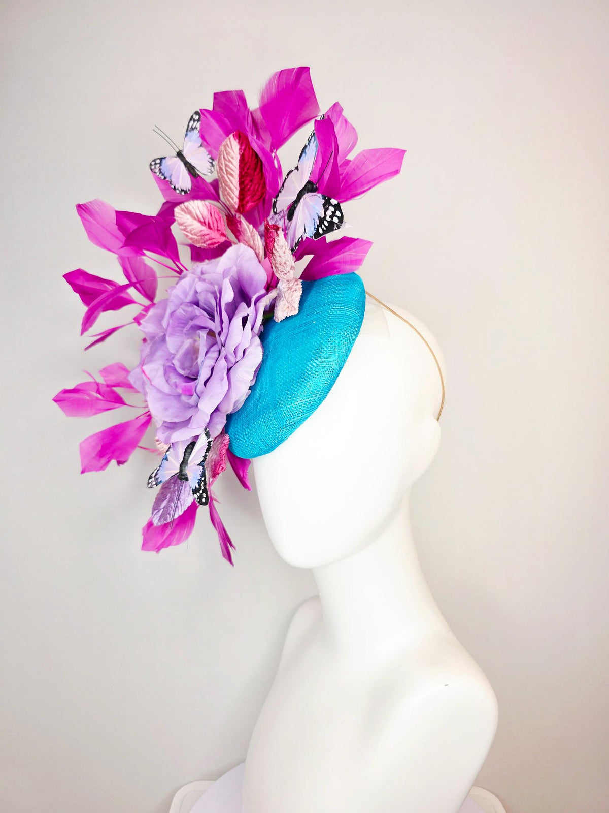 kentucky derby hat fascinator turquoise blue sinamay lavender purple satin rose ombre pink lavender leaves magenta pink feathers butterflies