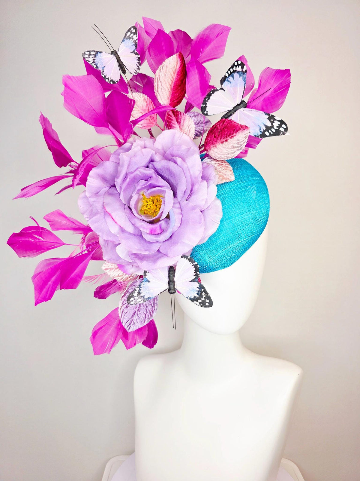 kentucky derby hat fascinator turquoise blue sinamay lavender purple satin rose ombre pink lavender leaves magenta pink feathers butterflies