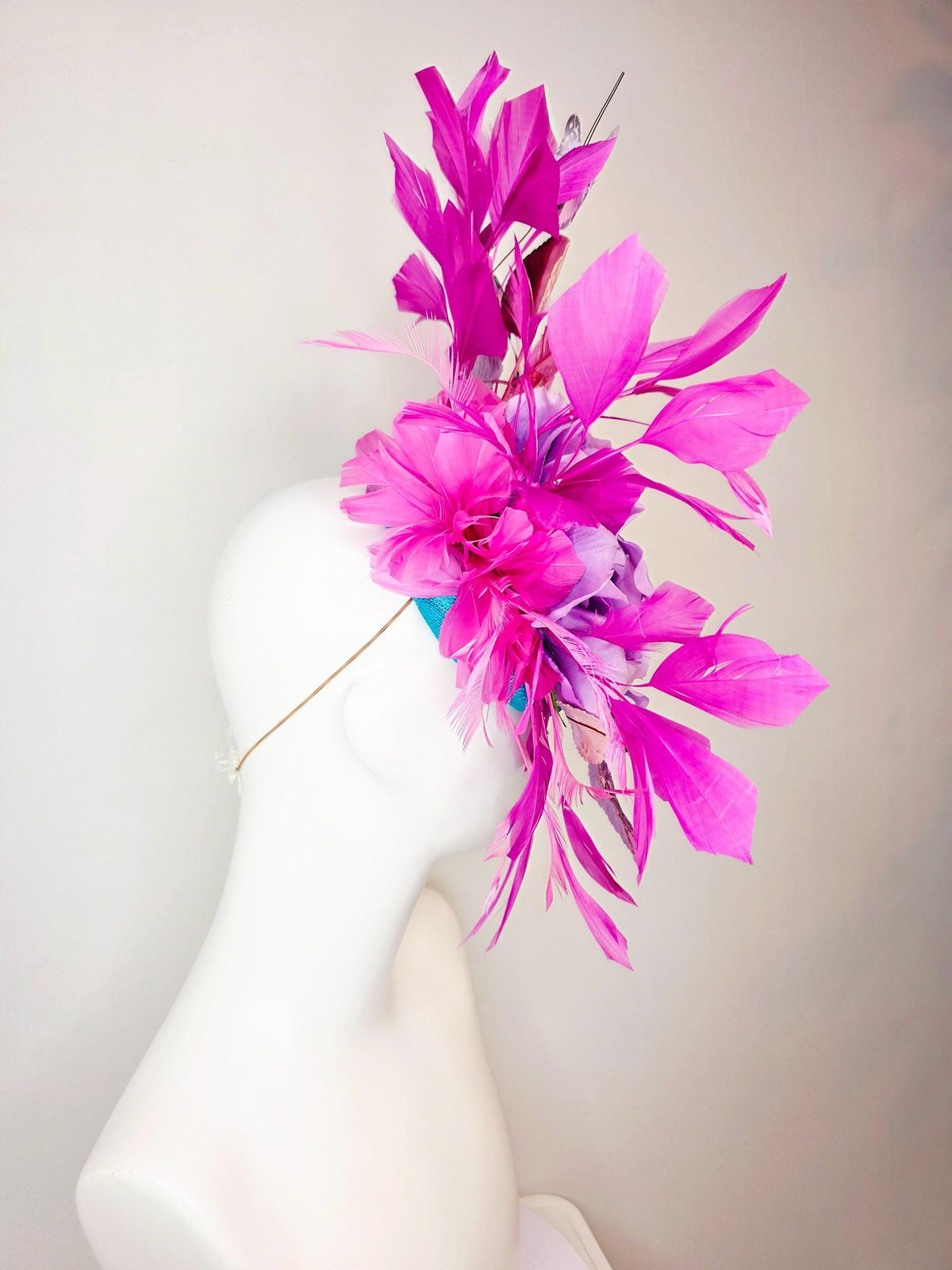 kentucky derby hat fascinator turquoise blue sinamay lavender purple satin rose ombre pink lavender leaves magenta pink feathers butterflies