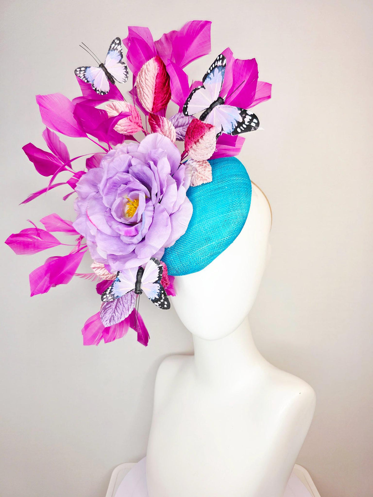 kentucky derby hat fascinator turquoise blue sinamay lavender purple satin rose ombre pink lavender leaves magenta pink feathers butterflies