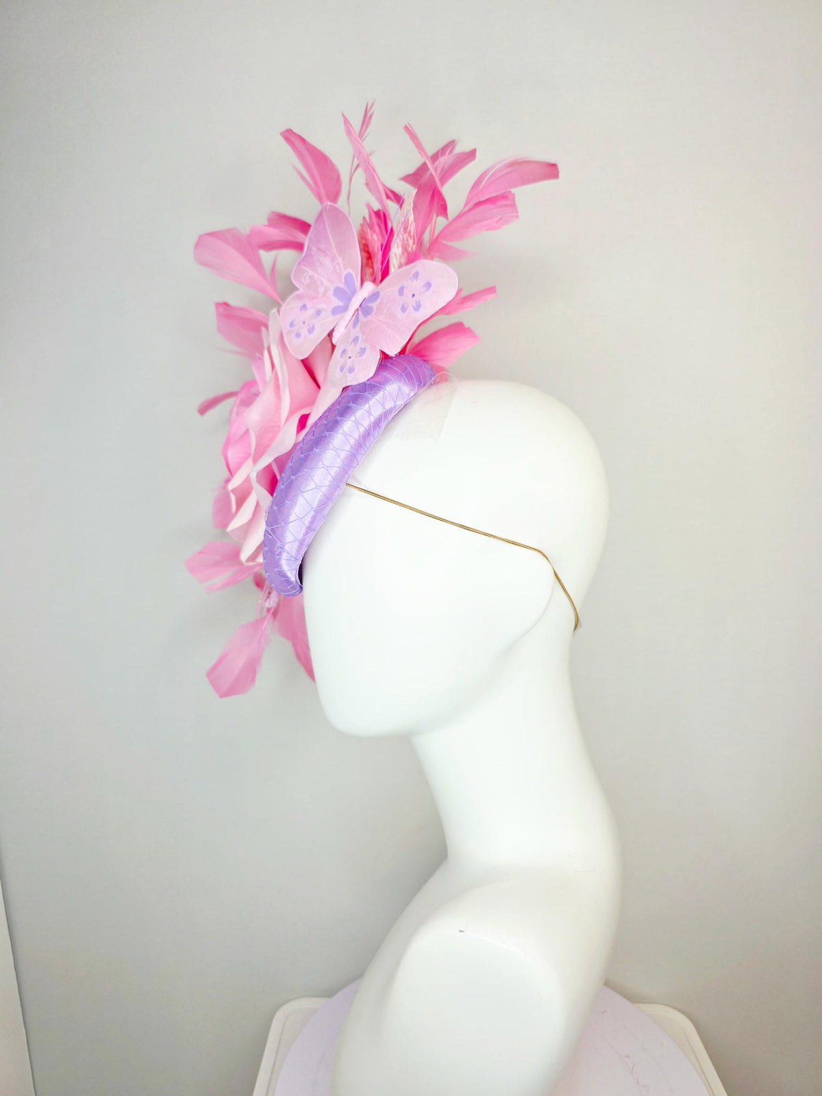 kentucky derby hat fascinator lavender purple satin with netting ombre pink satin rose light pink leaves blush pink feathers and butterflies
