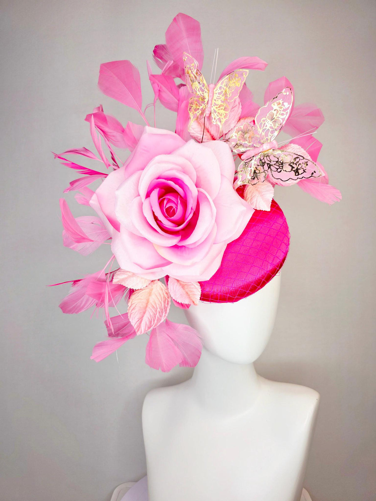 kentucky derby hat fascinator fuchsia satin with netting ombre pink satin rose light pink leaves blush hot pink feathers gold butterflies