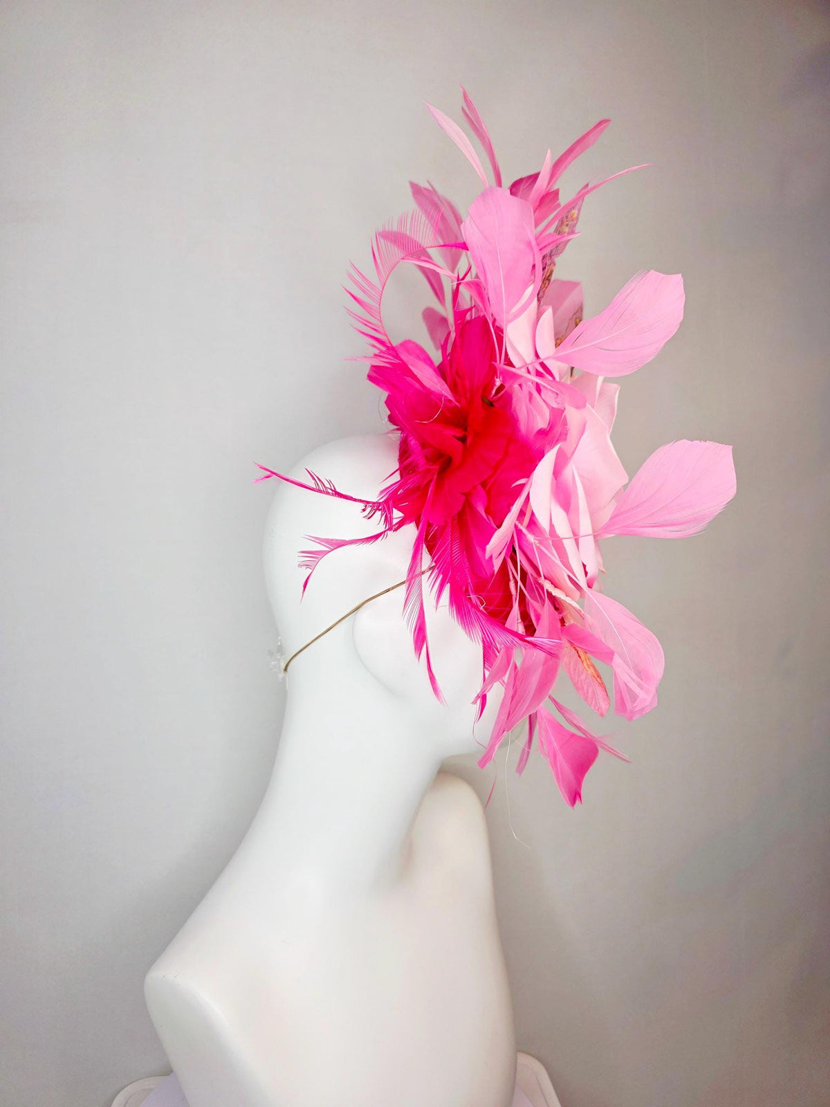 kentucky derby hat fascinator fuchsia satin with netting ombre pink satin rose light pink leaves blush hot pink feathers gold butterflies