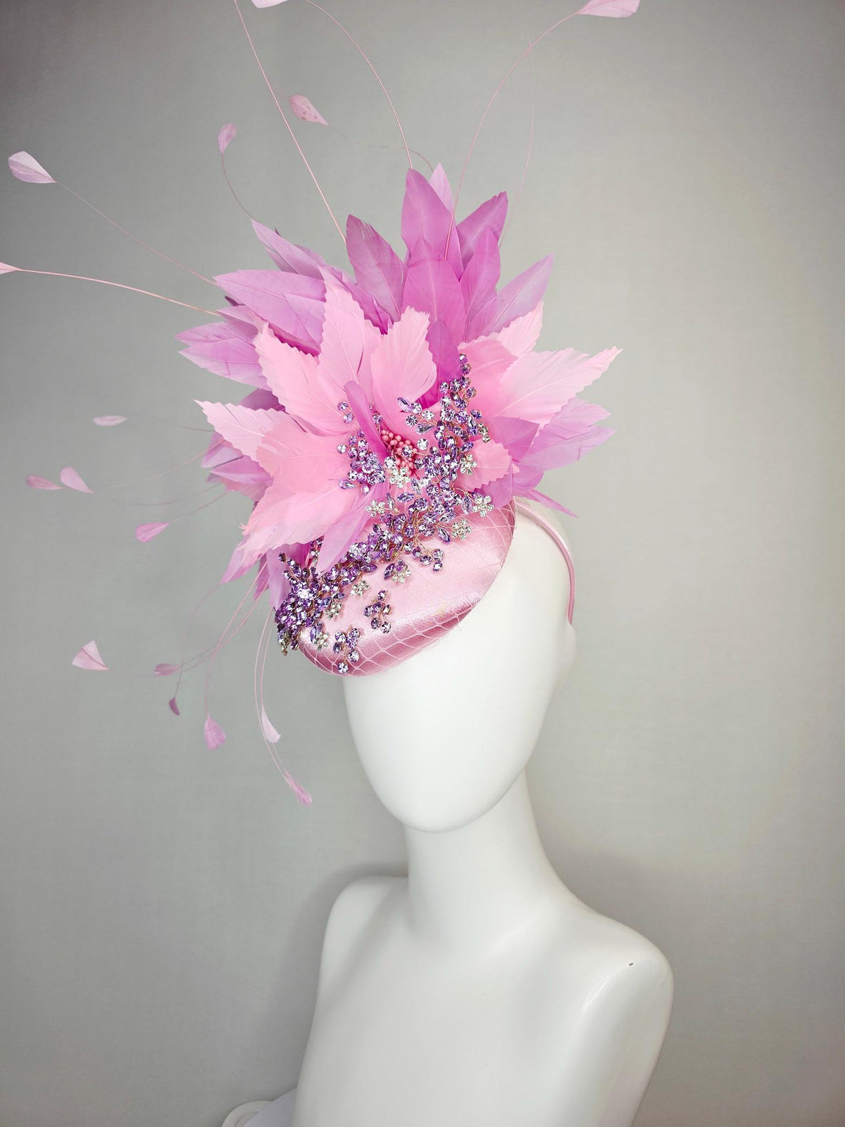 kentucky derby hat fascinator baby pink satin with netting leaf vine lavender purple crystal rhinestone fluffy light pink lilac feathers