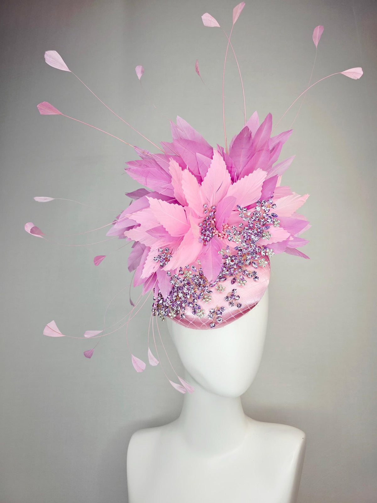 kentucky derby hat fascinator baby pink satin with netting leaf vine lavender purple crystal rhinestone fluffy light pink lilac feathers