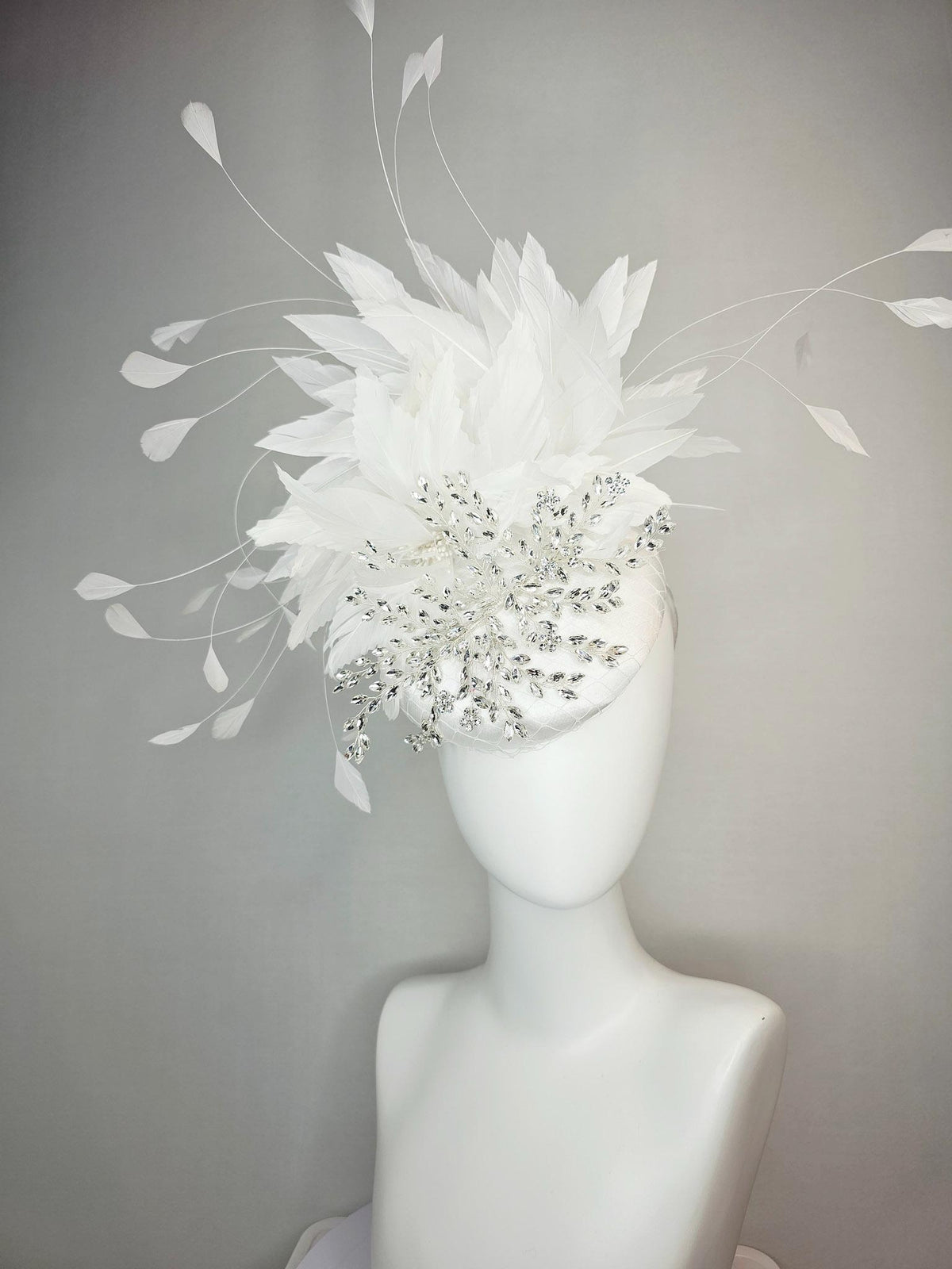 kentucky derby hat fascinator neutral ivory white satin with netting leaf vine clear silver crystal rhinestone fluffy white feathers