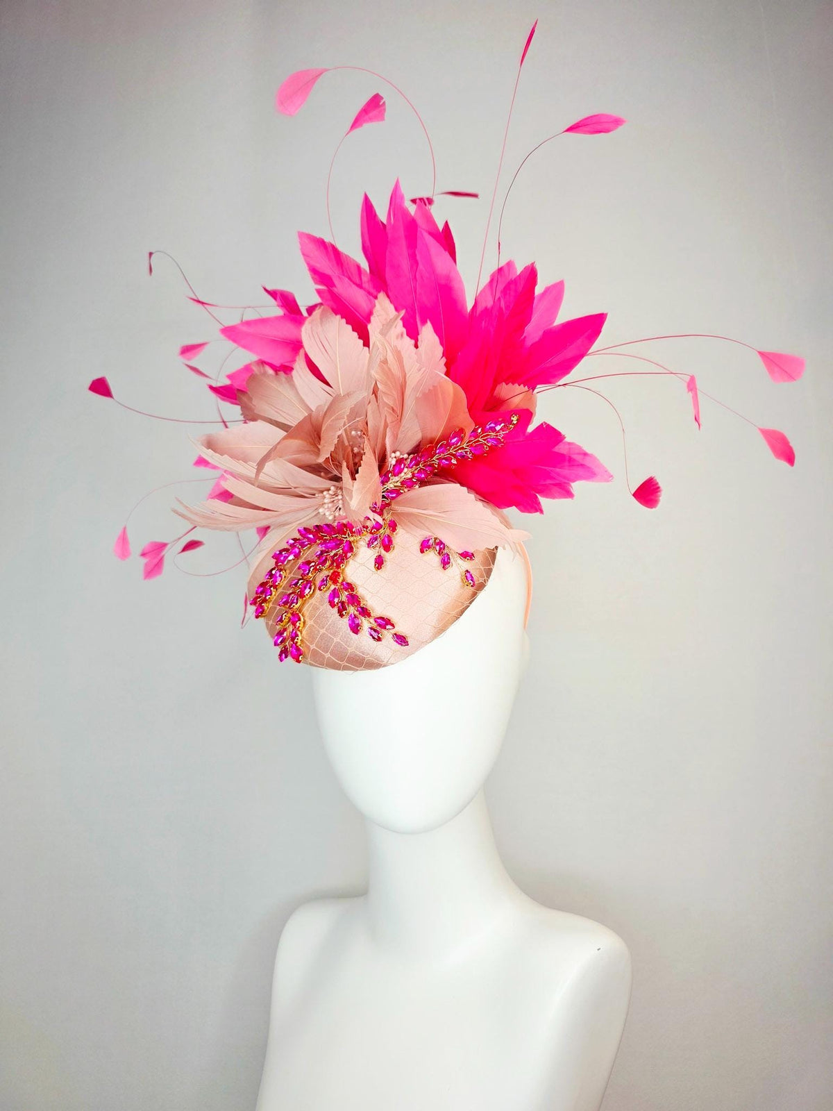 kentucky derby hat fascinator champagne pink satin with netting leaf vine pink crystal rhinestone fluffy dusty mauve pink fuchsia feathers