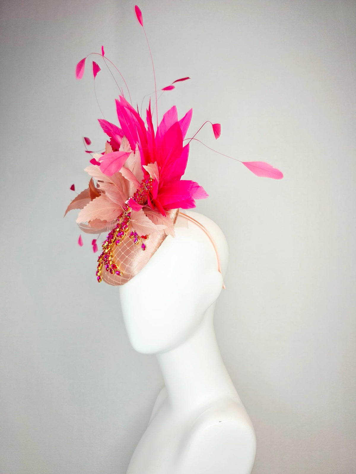 kentucky derby hat fascinator champagne pink satin with netting leaf vine pink crystal rhinestone fluffy dusty mauve pink fuchsia feathers