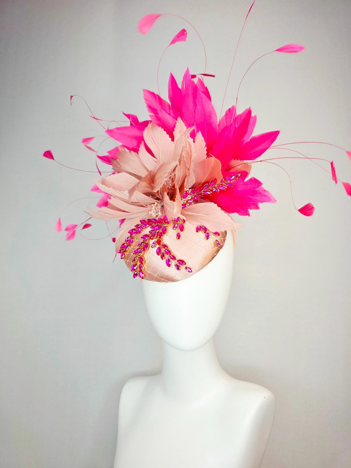 kentucky derby hat fascinator champagne pink satin with netting leaf vine pink crystal rhinestone fluffy dusty mauve pink fuchsia feathers