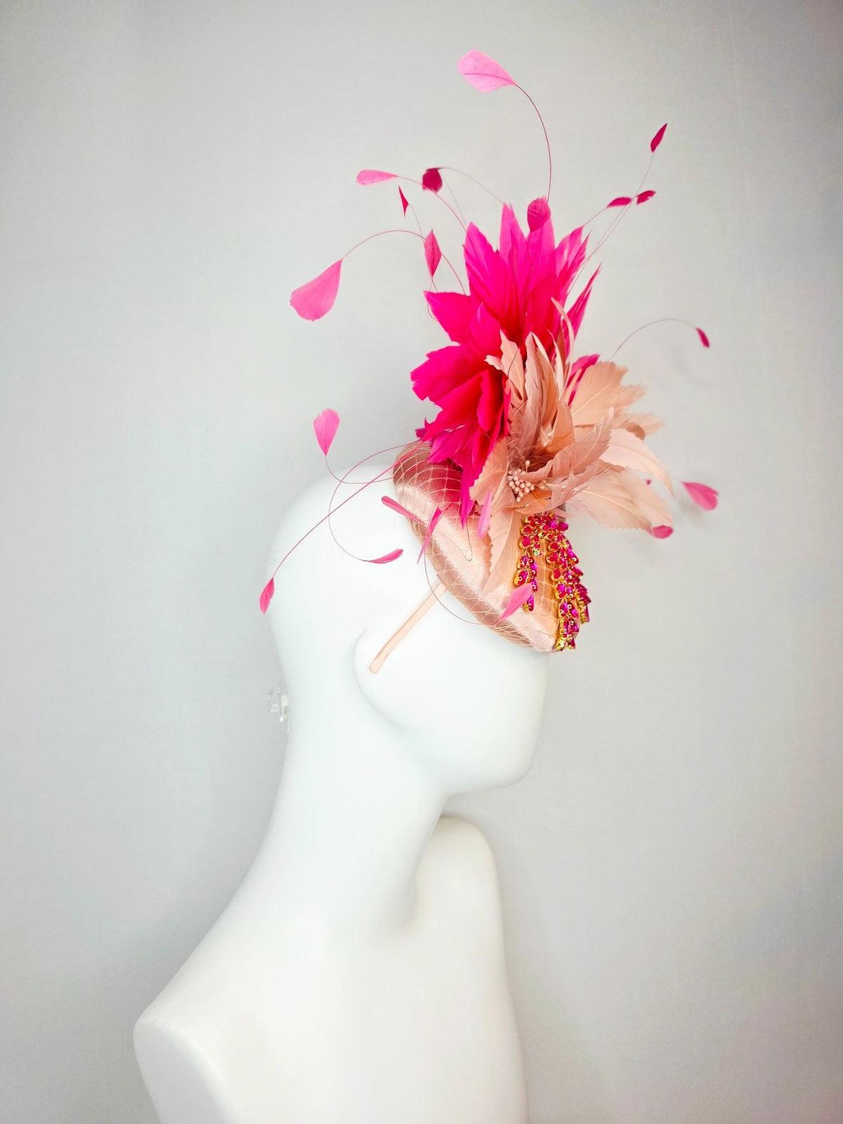 kentucky derby hat fascinator champagne pink satin with netting leaf vine pink crystal rhinestone fluffy dusty mauve pink fuchsia feathers