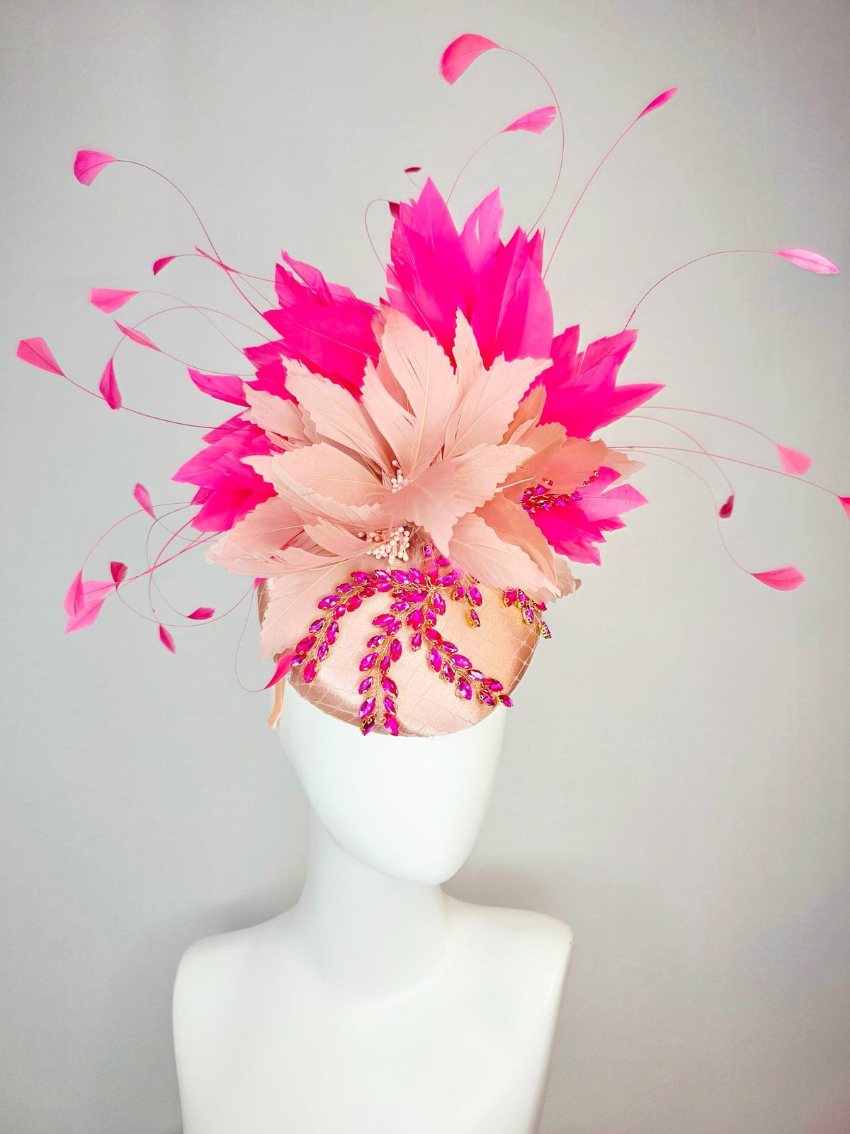 kentucky derby hat fascinator champagne pink satin with netting leaf vine pink crystal rhinestone fluffy dusty mauve pink fuchsia feathers