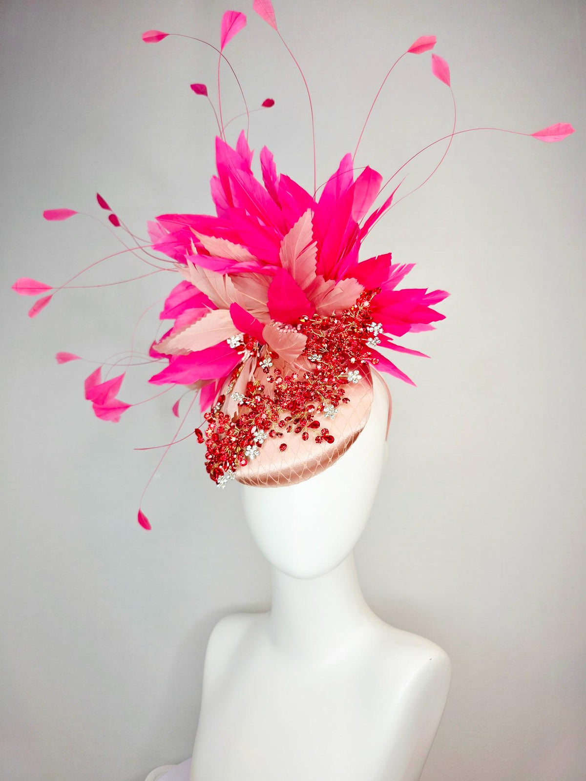 kentucky derby hat fascinator champagne pink satin with netting leaf vine pink crystal rhinestone fluffy dusty mauve pink fuchsia feathers