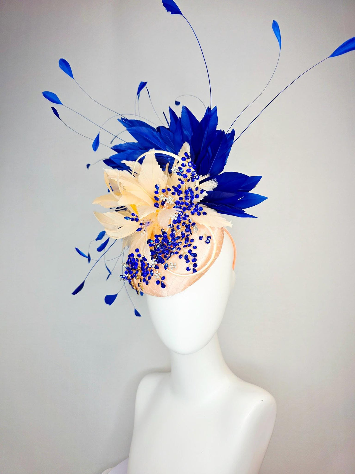 kentucky derby hat fascinator champagne beige satin with netting leaf vine blue crystal rhinestone cream beige royal cobalt blue feathers