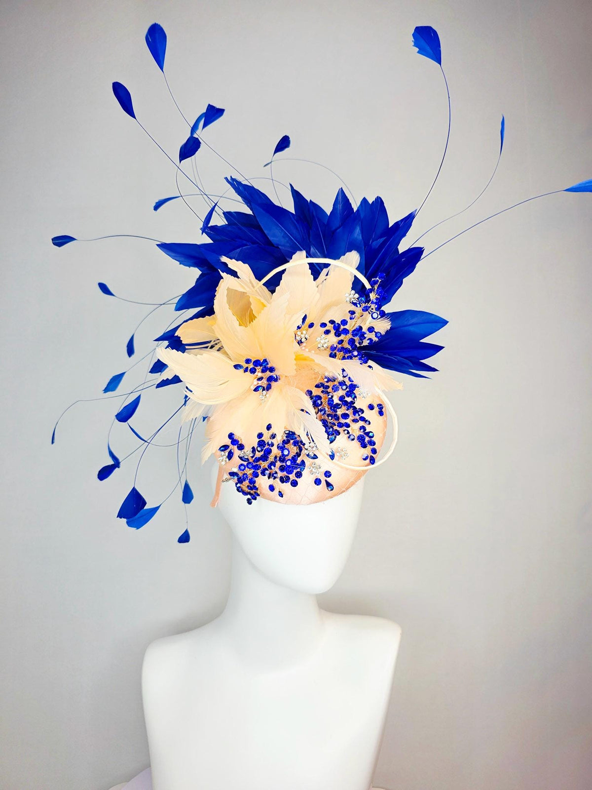 kentucky derby hat fascinator champagne beige satin with netting leaf vine blue crystal rhinestone cream beige royal cobalt blue feathers