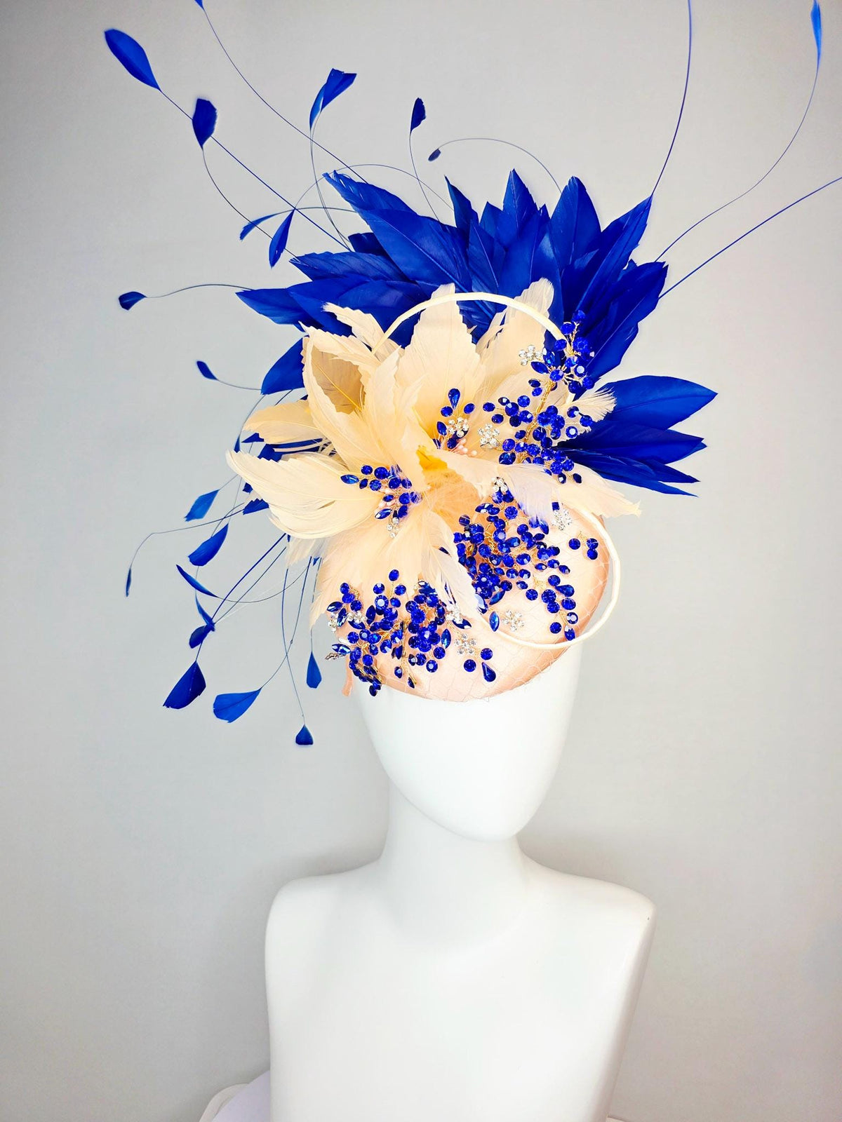 kentucky derby hat fascinator champagne beige satin with netting leaf vine blue crystal rhinestone cream beige royal cobalt blue feathers
