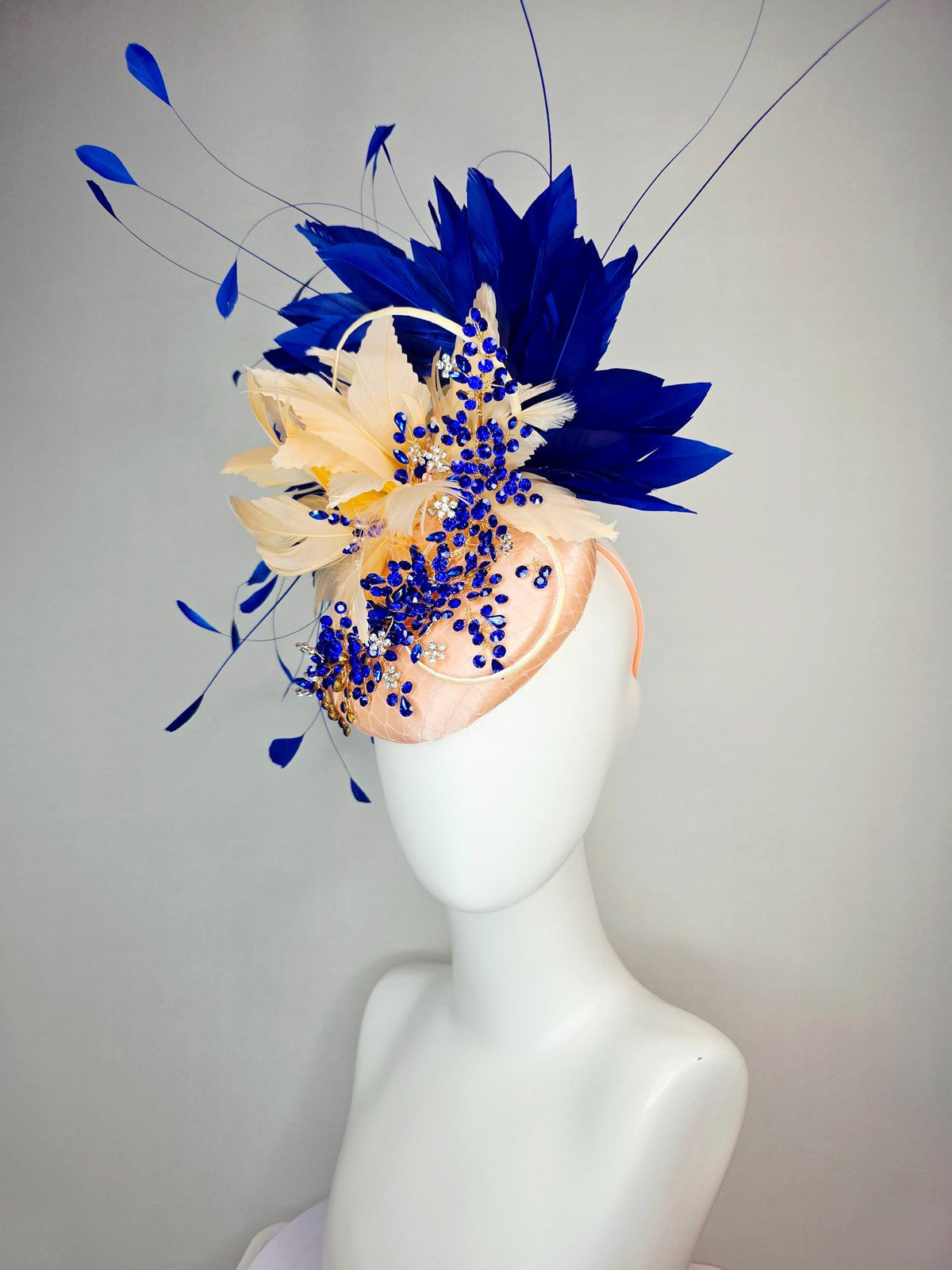 kentucky derby hat fascinator champagne beige satin with netting leaf vine blue crystal rhinestone cream beige royal cobalt blue feathers