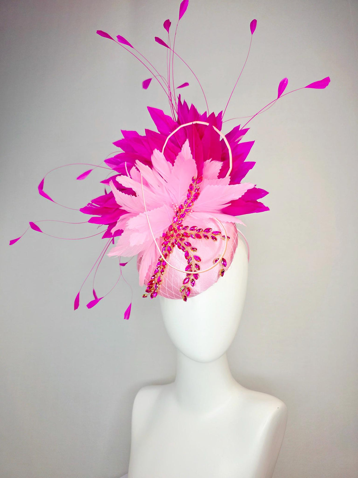 kentucky derby hat fascinator baby pink satin with netting leaf vine hot pink crystal rhinestone fluffy light baby pink fuchsia feathers