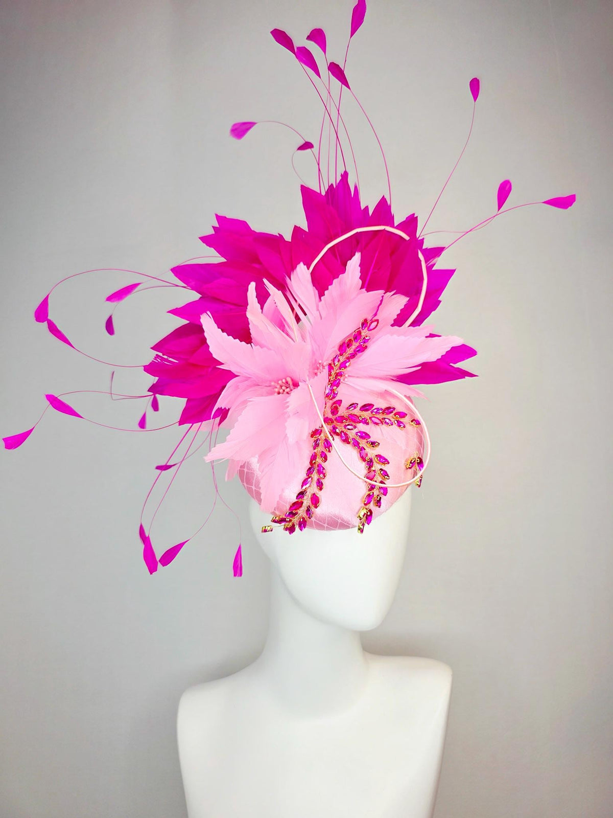 kentucky derby hat fascinator baby pink satin with netting leaf vine hot pink crystal rhinestone fluffy light baby pink fuchsia feathers