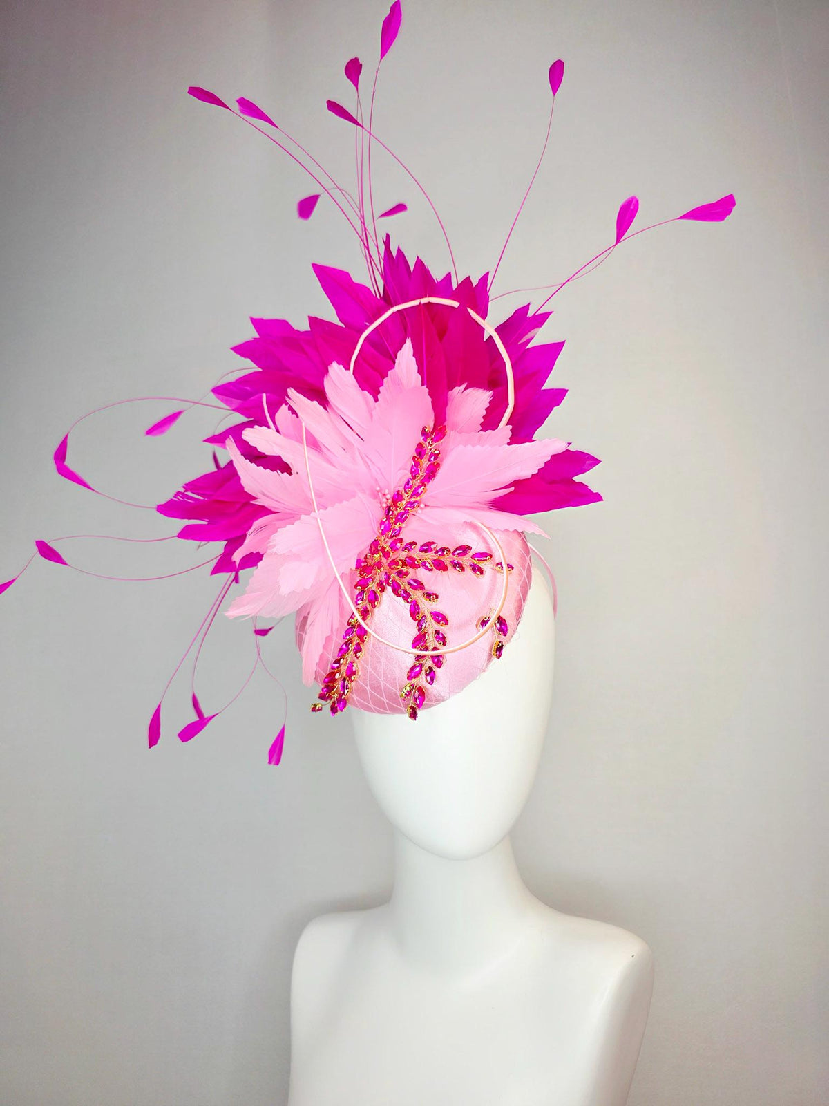 kentucky derby hat fascinator baby pink satin with netting leaf vine hot pink crystal rhinestone fluffy light baby pink fuchsia feathers