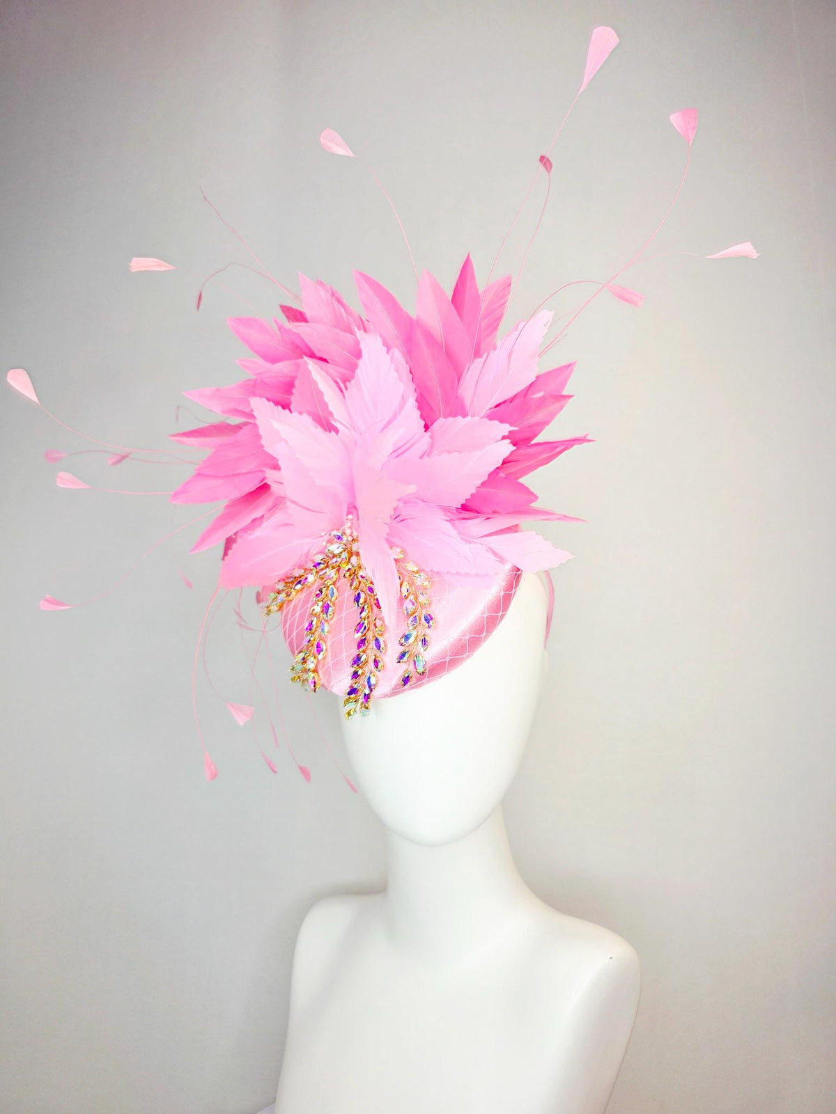kentucky derby hat fascinator baby pink satin with netting leaf vine iridescent crystal rhinestone fluffy light baby blush pink feathers