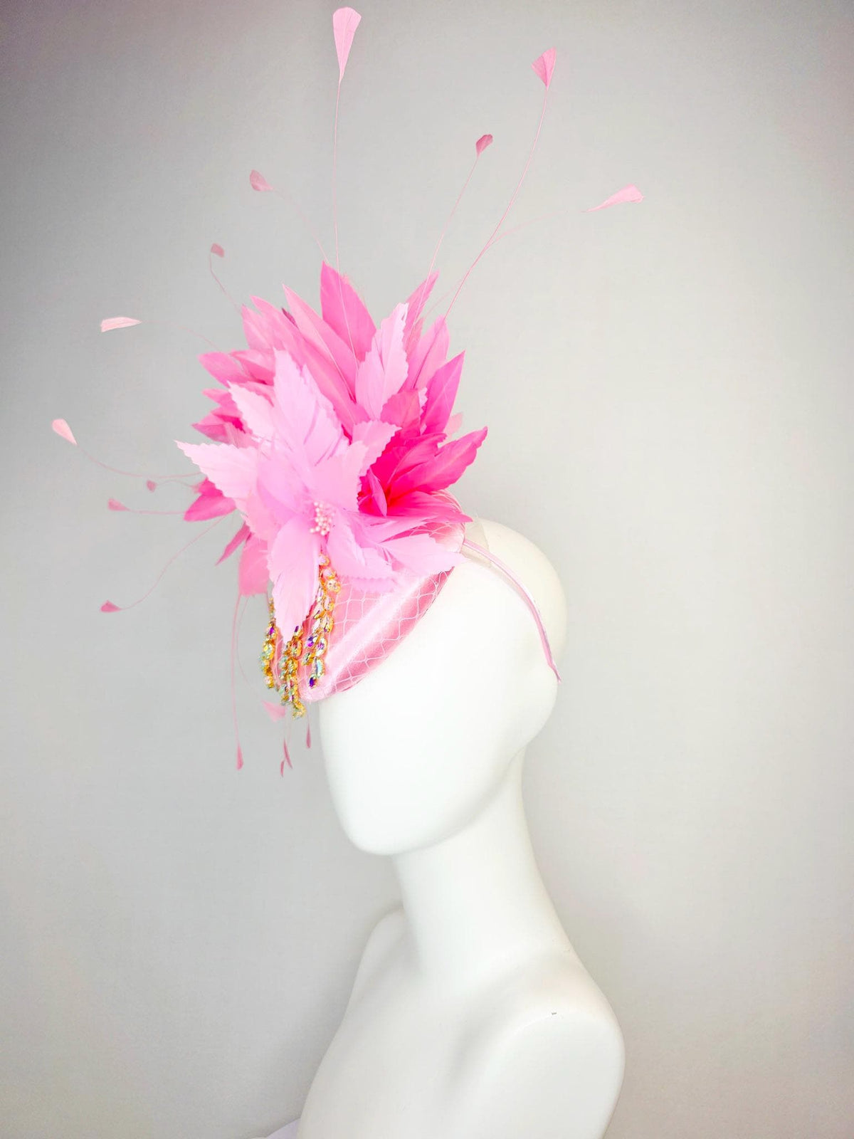 kentucky derby hat fascinator baby pink satin with netting leaf vine iridescent crystal rhinestone fluffy light baby blush pink feathers