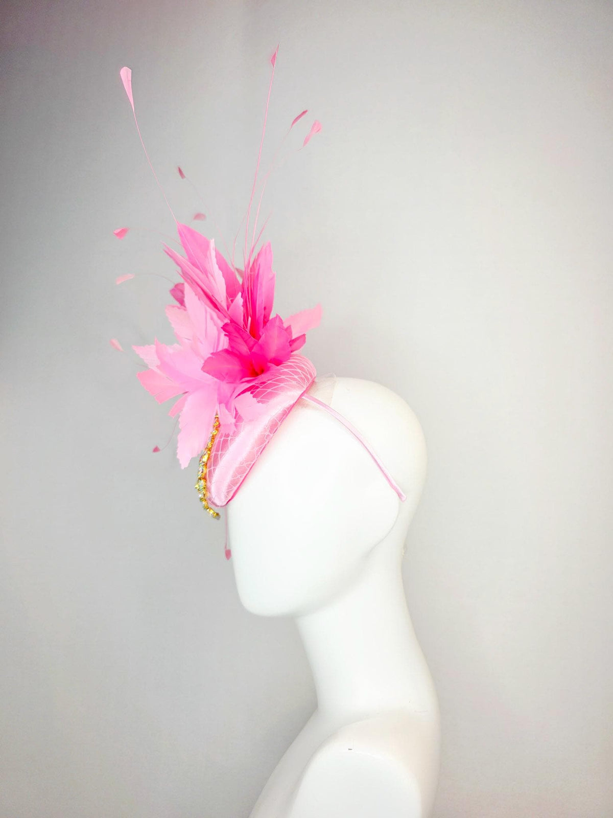 kentucky derby hat fascinator baby pink satin with netting leaf vine iridescent crystal rhinestone fluffy light baby blush pink feathers