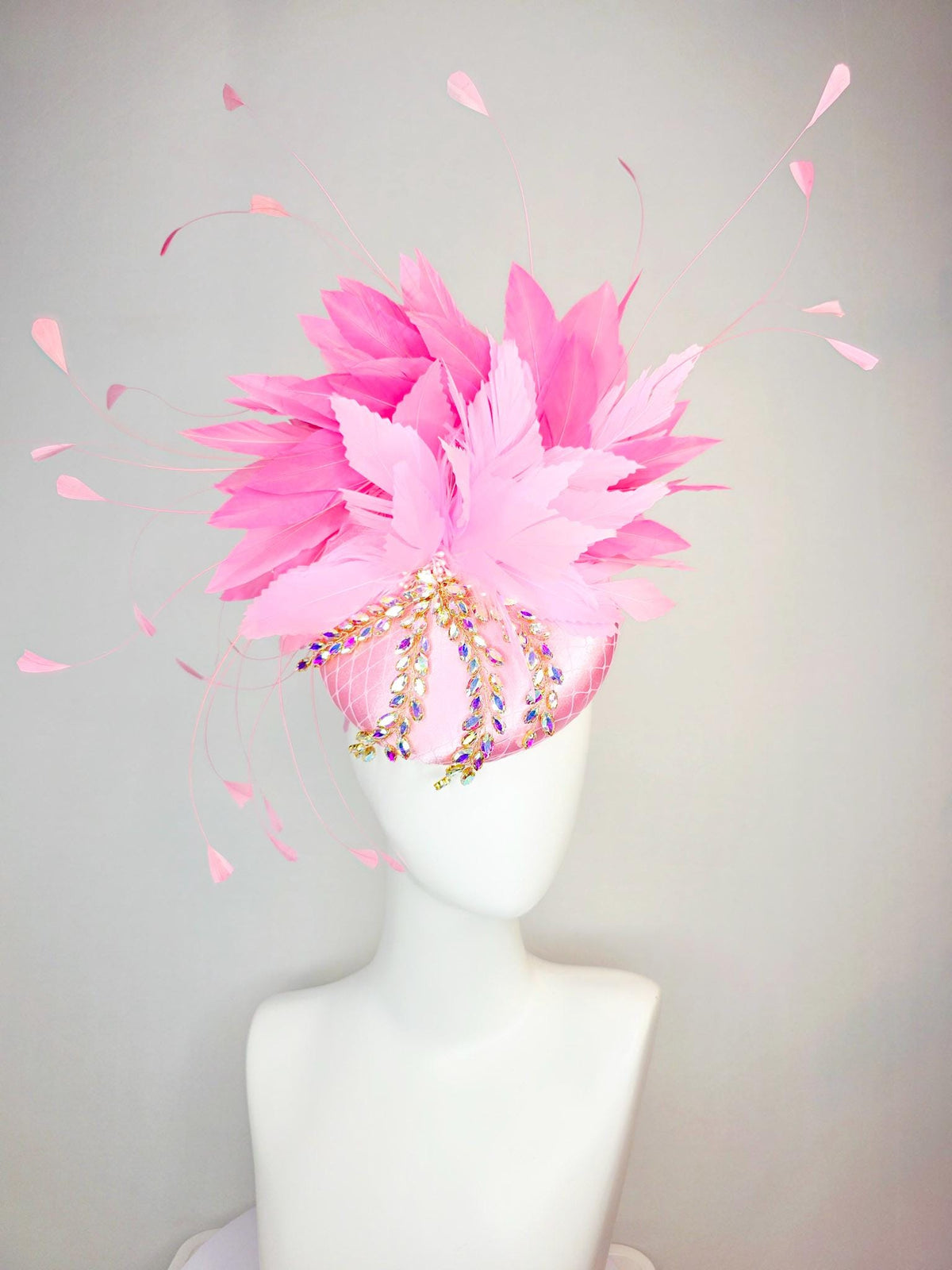 kentucky derby hat fascinator baby pink satin with netting leaf vine iridescent crystal rhinestone fluffy light baby blush pink feathers