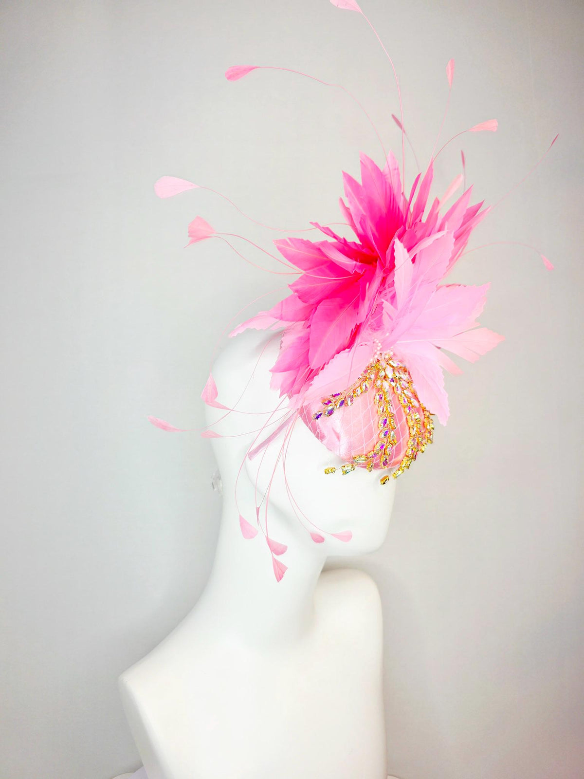 kentucky derby hat fascinator baby pink satin with netting leaf vine iridescent crystal rhinestone fluffy light baby blush pink feathers