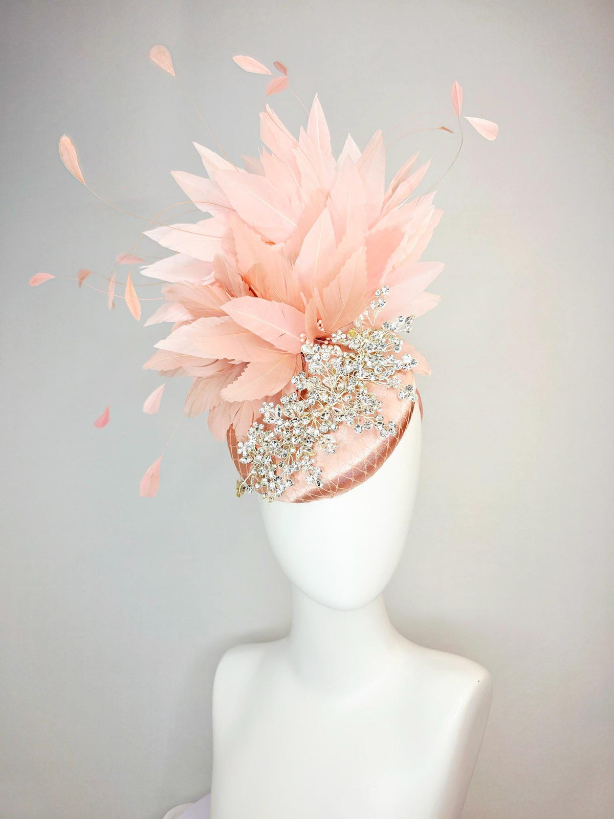 kentucky derby hat fascinator champagne pink satin with netting leaf vine clear crystal rhinestone light dusty pale mauve pink feathers