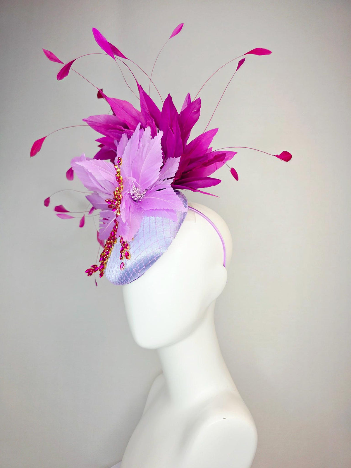 kentucky derby hat fascinator lavender purple satin with netting leaf vine pink crystal rhinestone fluffy lilac purple magenta pink feathers