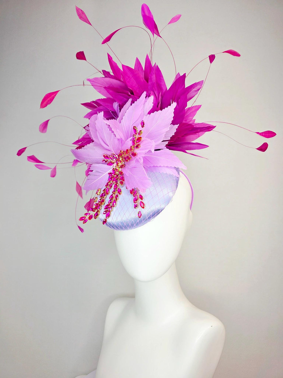 kentucky derby hat fascinator lavender purple satin with netting leaf vine pink crystal rhinestone fluffy lilac purple magenta pink feathers