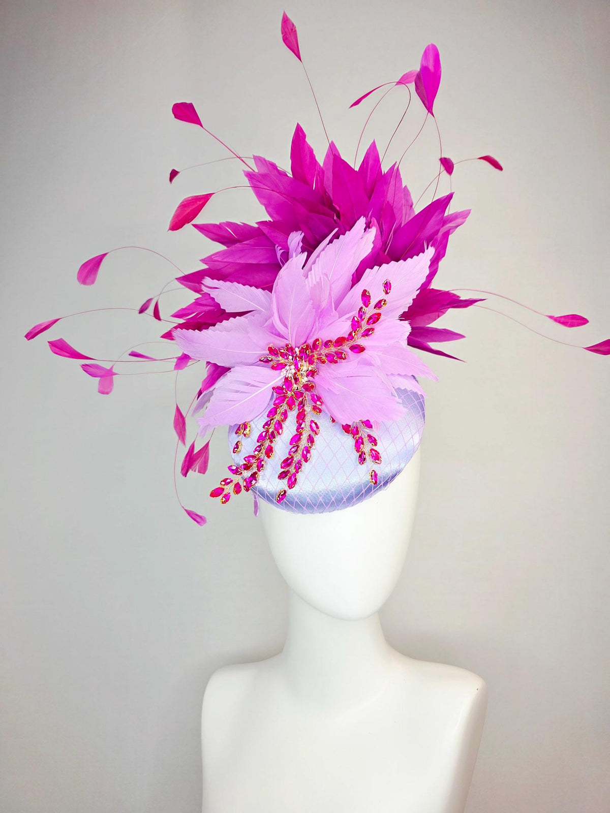 kentucky derby hat fascinator lavender purple satin with netting leaf vine pink crystal rhinestone fluffy lilac purple magenta pink feathers