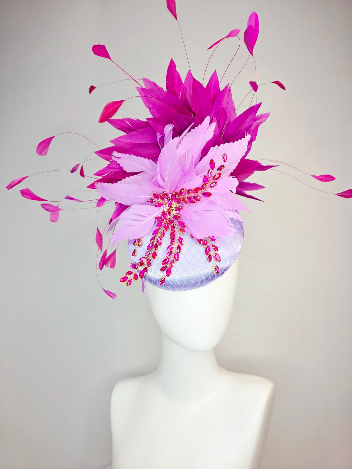 kentucky derby hat fascinator lavender purple satin with netting leaf vine pink crystal rhinestone fluffy lilac purple magenta pink feathers