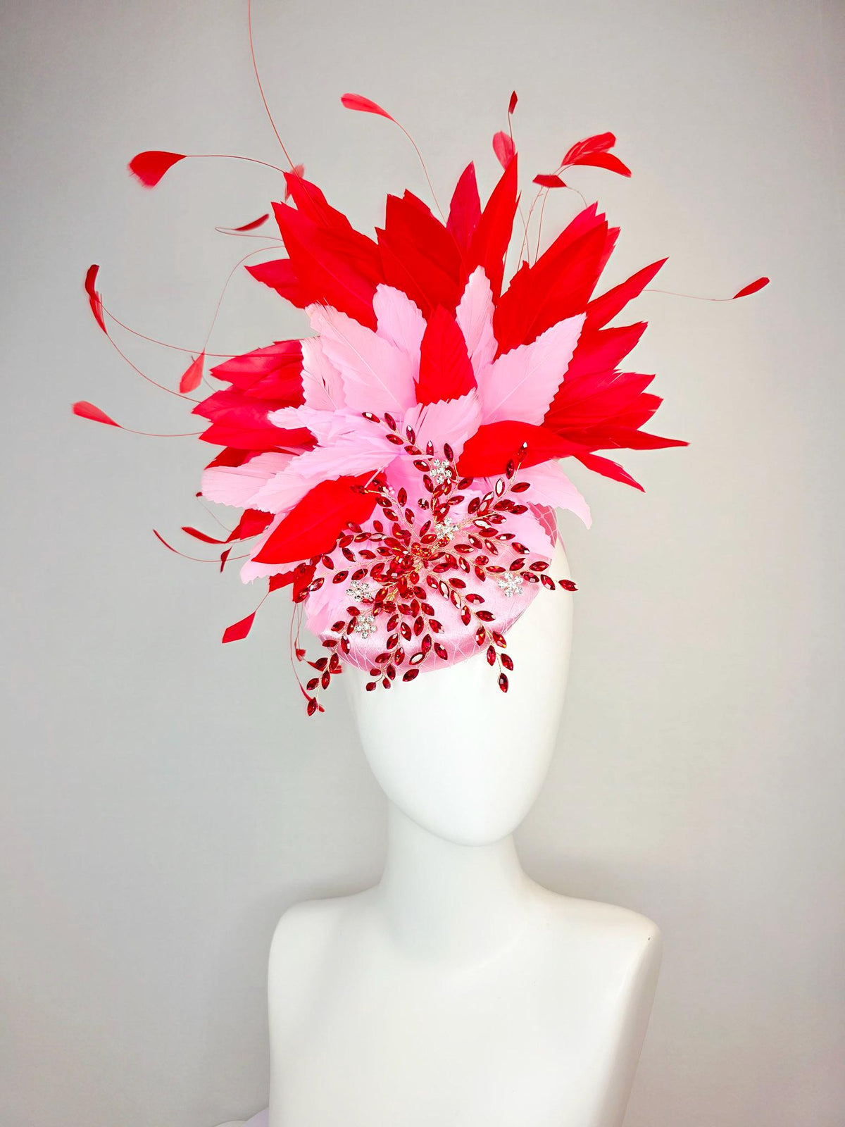 kentucky derby hat fascinator light pink satin with netting leaf vine red crystal rhinestone fluffy baby pink bright scarlet red feathers