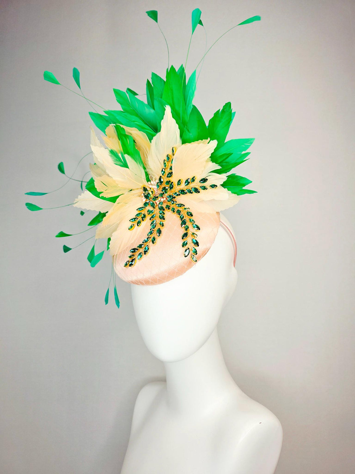 kentucky derby hat fascinator champagne pink satin with netting leaf vine emerald green crystal rhinestone cream beige bright green feathers