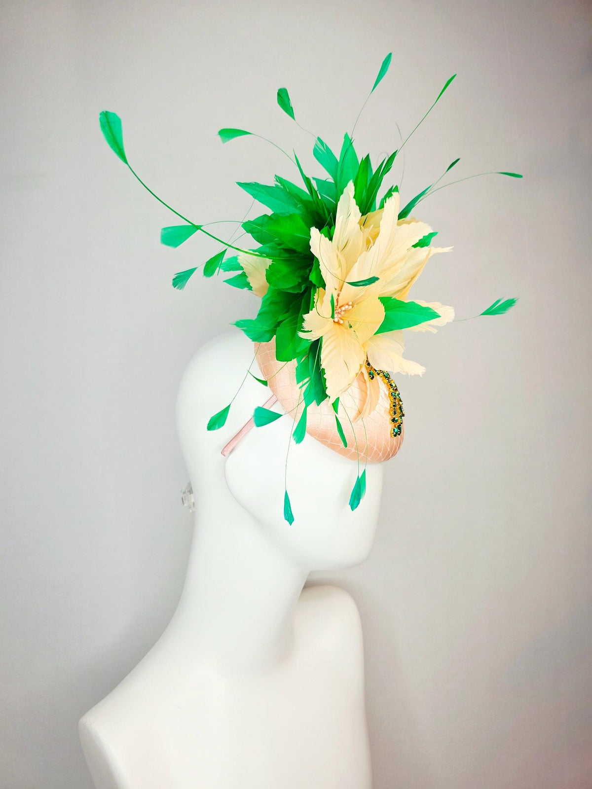 kentucky derby hat fascinator champagne pink satin with netting leaf vine emerald green crystal rhinestone cream beige bright green feathers