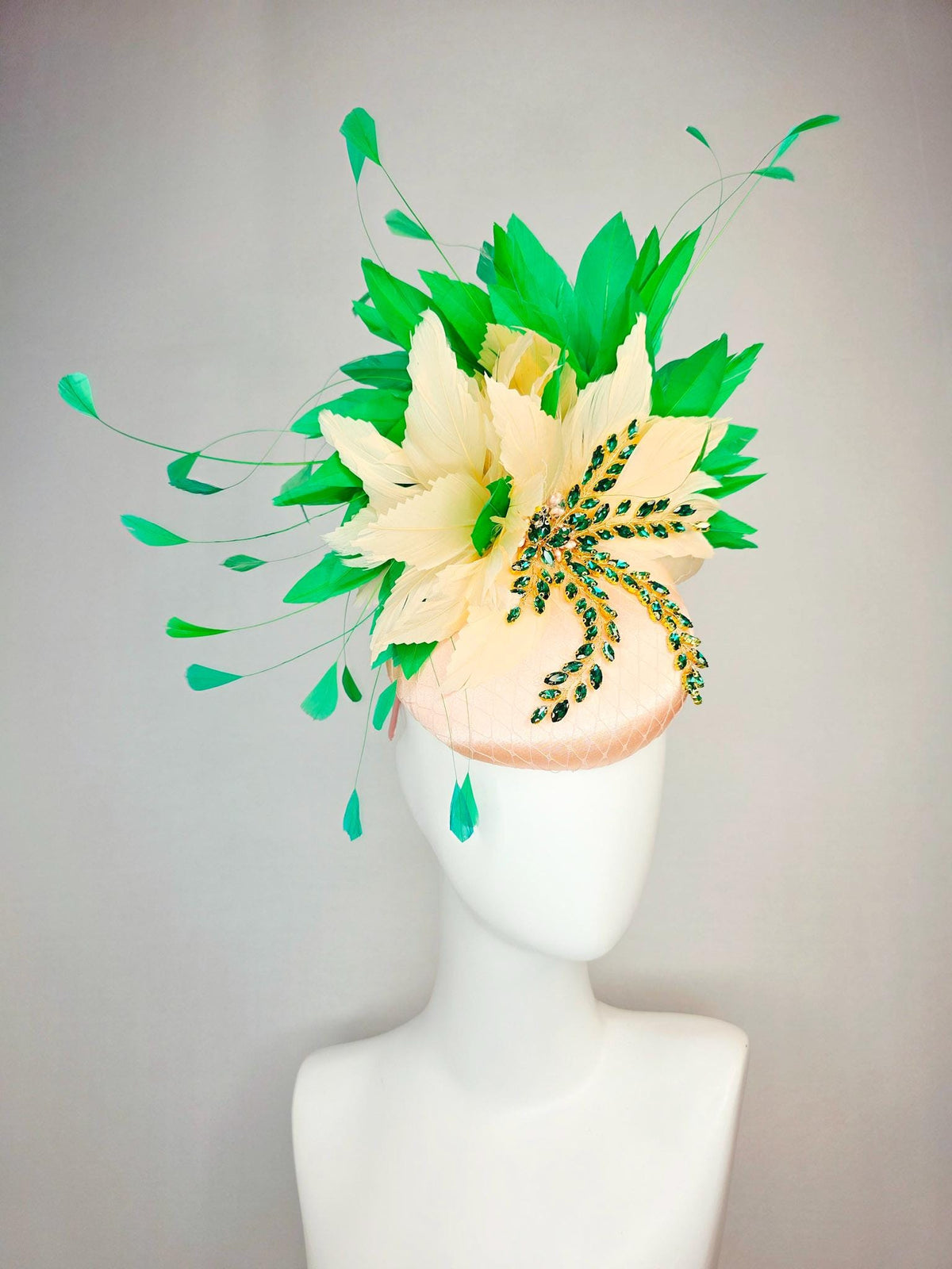 kentucky derby hat fascinator champagne pink satin with netting leaf vine emerald green crystal rhinestone cream beige bright green feathers
